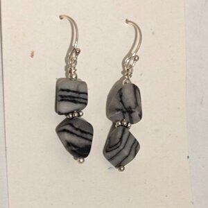 Hand-made black silk stone sterling silver earrings. New!